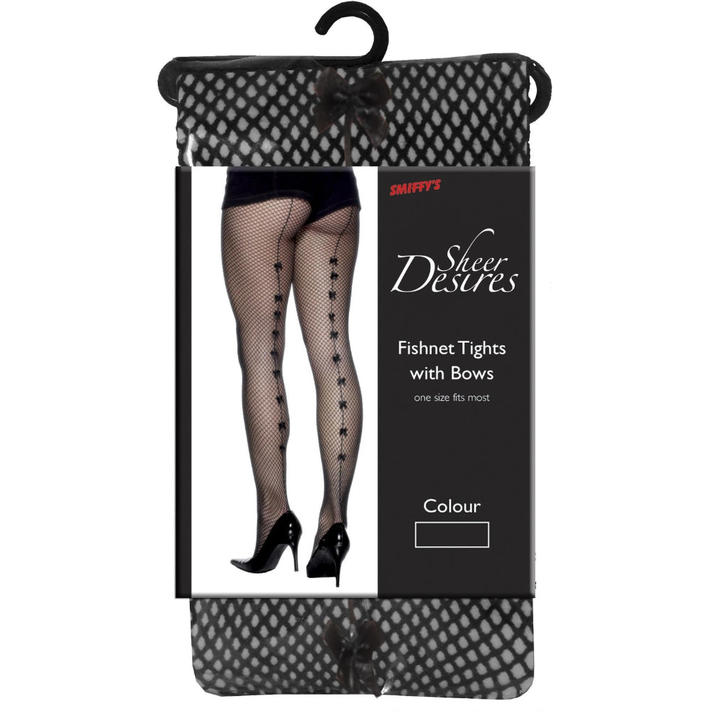 Smiffys Fishnet Tights with Satin Bows for Female- Black