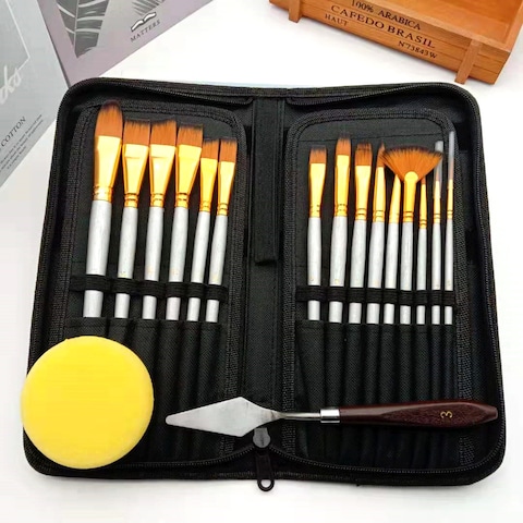 Generic-17pcs Artist Paint Brush Set with Canvas Bag Paint Scraper Sponge for Watercolor Brush Oil Acrylic Drawing Painting Art Supplies