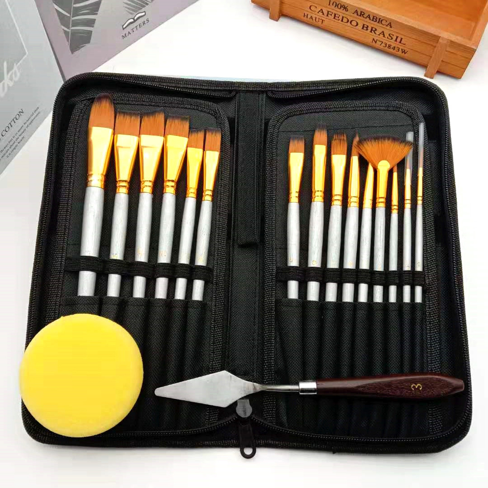 Generic-17pcs Artist Paint Brush Set with Canvas Bag Paint Scraper Sponge for Watercolor Brush Oil Acrylic Drawing Painting Art Supplies