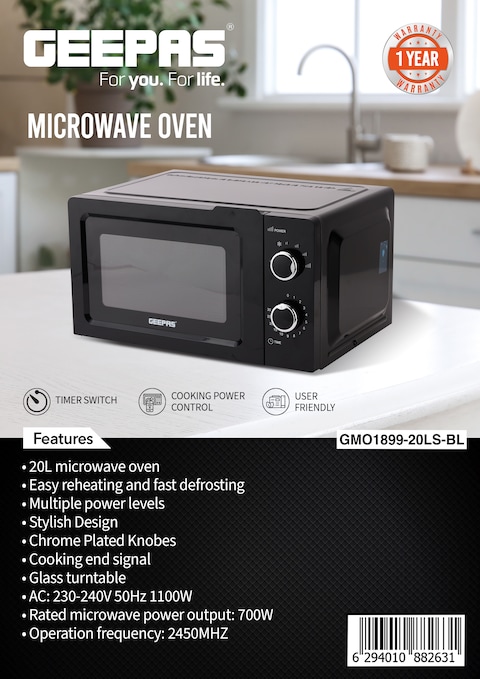 Geepas 20 L Microwave Oven, Easy Reheating, Fast Defrosting, Multiple Power Levels, Digital Display, Cooking End Signal With Timer Switch, Chrome Knobs For Durability, 1100 W, GMO1899-BL, Black