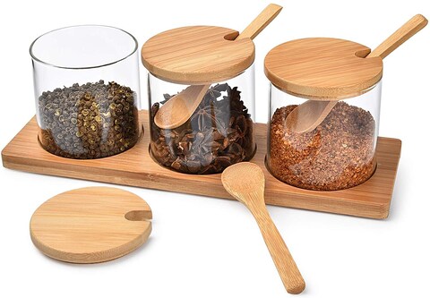 1CHASE&reg; 3 Pcs Spice Condiment Container Canister Pots with Wooden Base, Spoon and Lid.