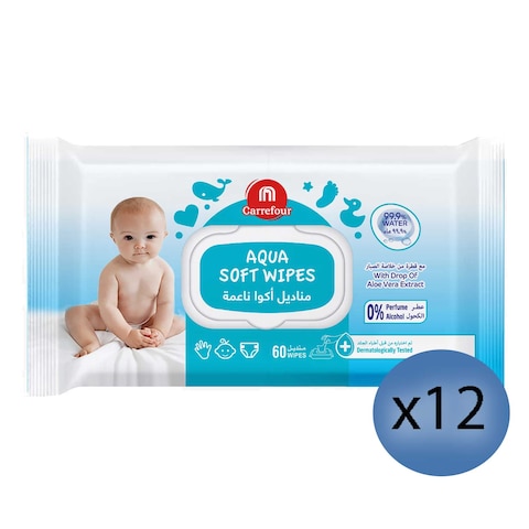 Carrefour Aqua Soft Wipes Family Pack White 60 Wipes Pack of 12