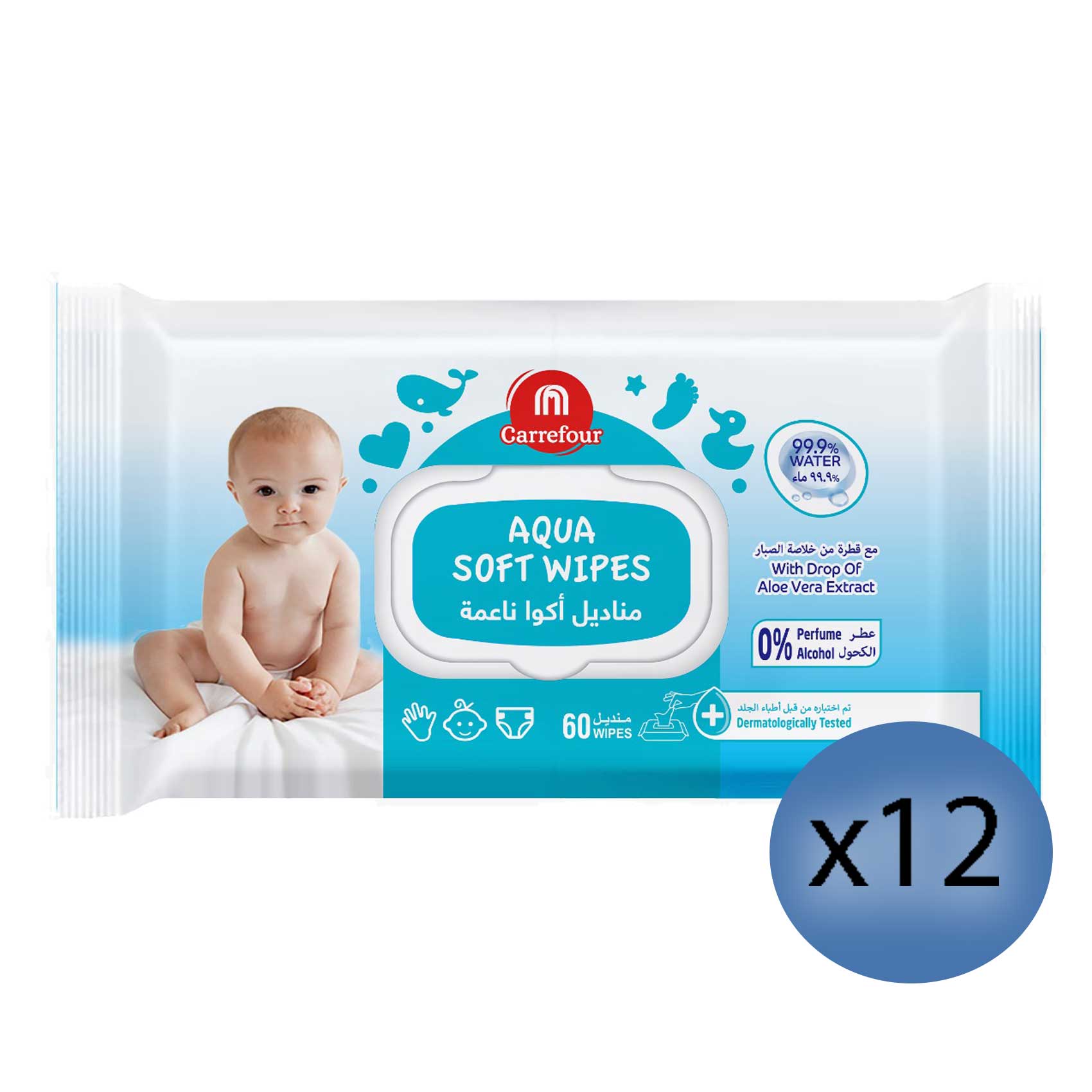 Carrefour Aqua Soft Wipes Family Pack White 60 Wipes Pack of 12