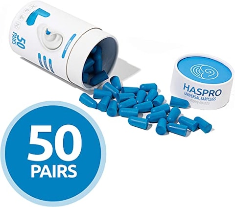 HASPRO [50 PAIRS] Eco-Friendly Bulk Pack, Ultra Soft Foam Earplugs in GIGA Tube with Carry Case, Best Earplugs for Noise Canceling, Snoring, Work, DIY, Noise Reduction SNR 38dB (Blue)
