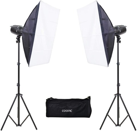 DMK Power Coopic M-300 Photo Studio Strobe Flash Light Full Kit: (2) 300W Monolight Flash (2) Light Stands (2) Softbox (1) Dc-16 Wireless Trigger For Video Shooting Location And Portrait Photography.