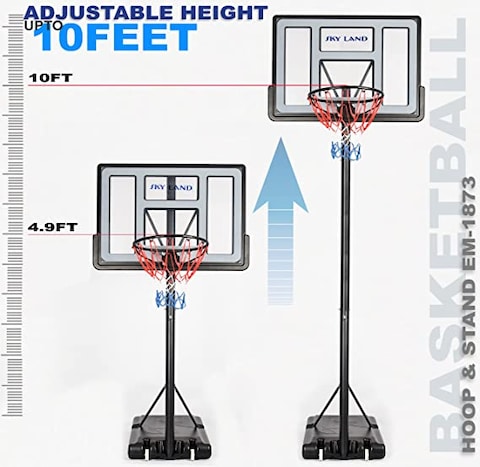 SKY LAND Sports Basketball Hoop   Basketball Goal on Wheels Adjustable Height 5 - 10 FT, 44&quot; Backboard For Adults &amp; Kids, Outdoor Basketball Stand, EM-1873