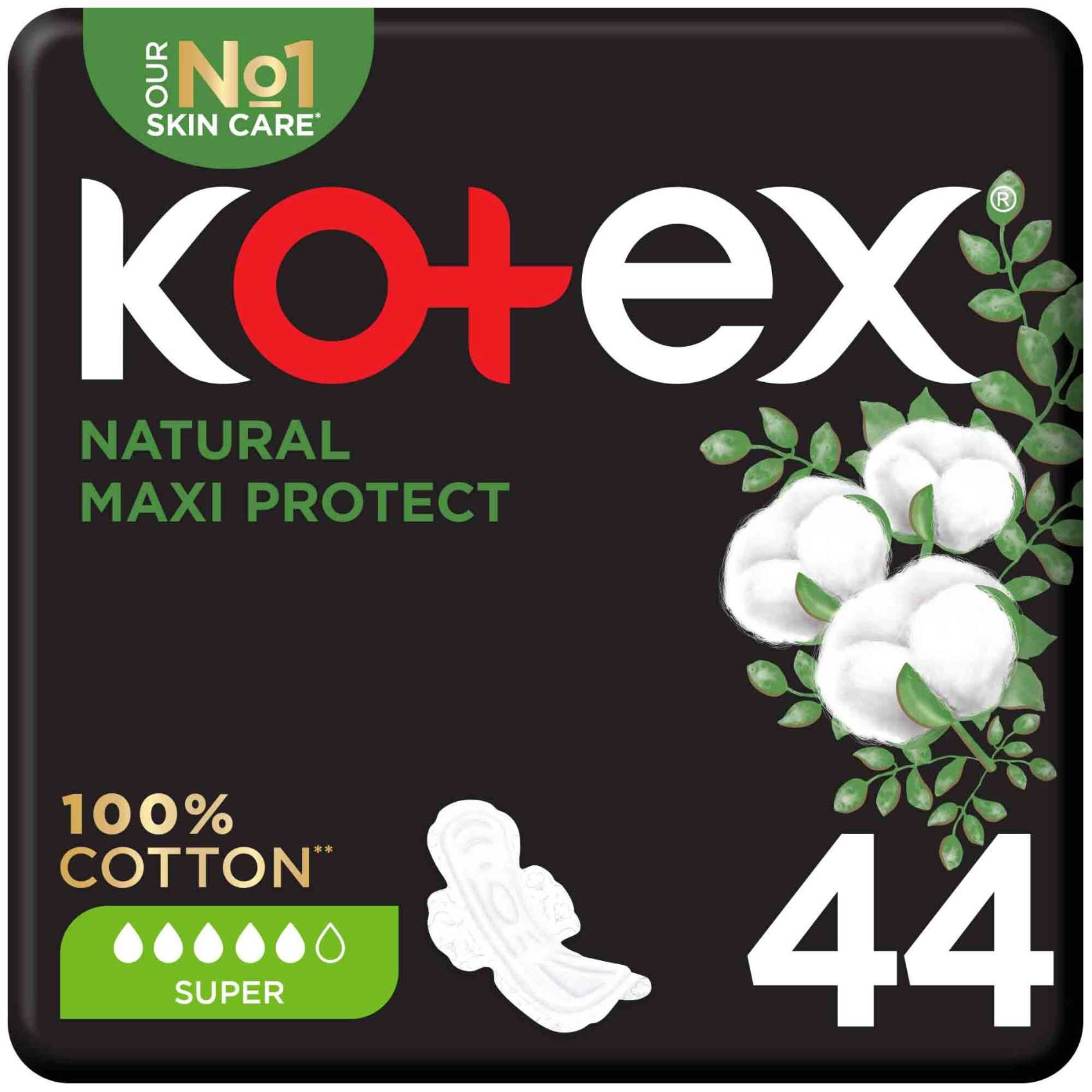 Kotex Natural Maxi Protect Thick Pads 100% Cotton Pad Super Size with Wings 44 Sanitary Pads