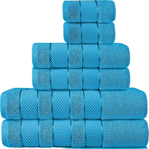 Safi Plus Luxury Hotel Quality 100% Turkish Genuine Cotton Towel Set, 2 Bath Towels 2 Hand Towels 2 Washcloths Super Soft Absorbent Towels for Bathroom &amp;amp; Kitchen Shower - Ocean Blue
