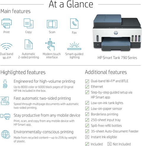 HP Smart Tank 795 All-In-One Printer Wireless, Print, Scan, Copy, Fax, Auto Duplex Printing, Auto Document Feeder, Print Up To 18000 Black Or 8000 Color Pages, White/Blue, [28B96A]