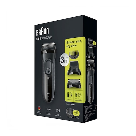 Braun Series 3 Shave And Style 3-In-1 Electric Shaver With Precision Trimmer And 5 Comb Attachments 3000BT Black