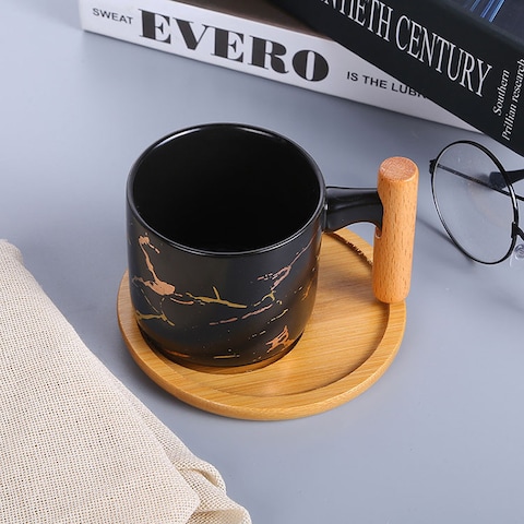 ZK Ceramic mug wooden handle, marble design printed classic coffee enamel mug Ceramic Coffee Cup with wood handle.