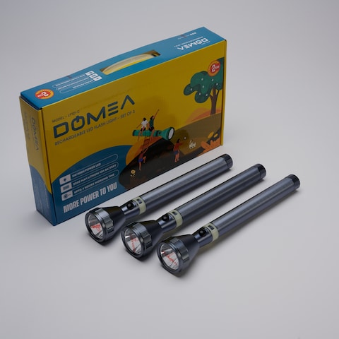 DOMEA Rechargeable LED Flash Light - Set Of 3, Maximum Distance Range, Fluorescent Silicon Strip, Three Separate Chargers, Ideal For Camping, Hiking, Biking &amp; Outdoor Activities
