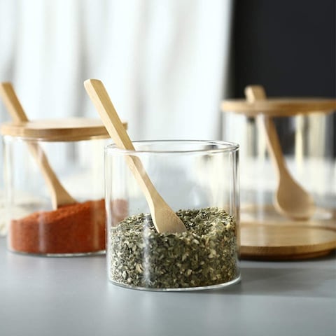 1CHASE&reg; 3 Pcs Spice Condiment Container Canister Pots with Wooden Base, Spoon and Lid.