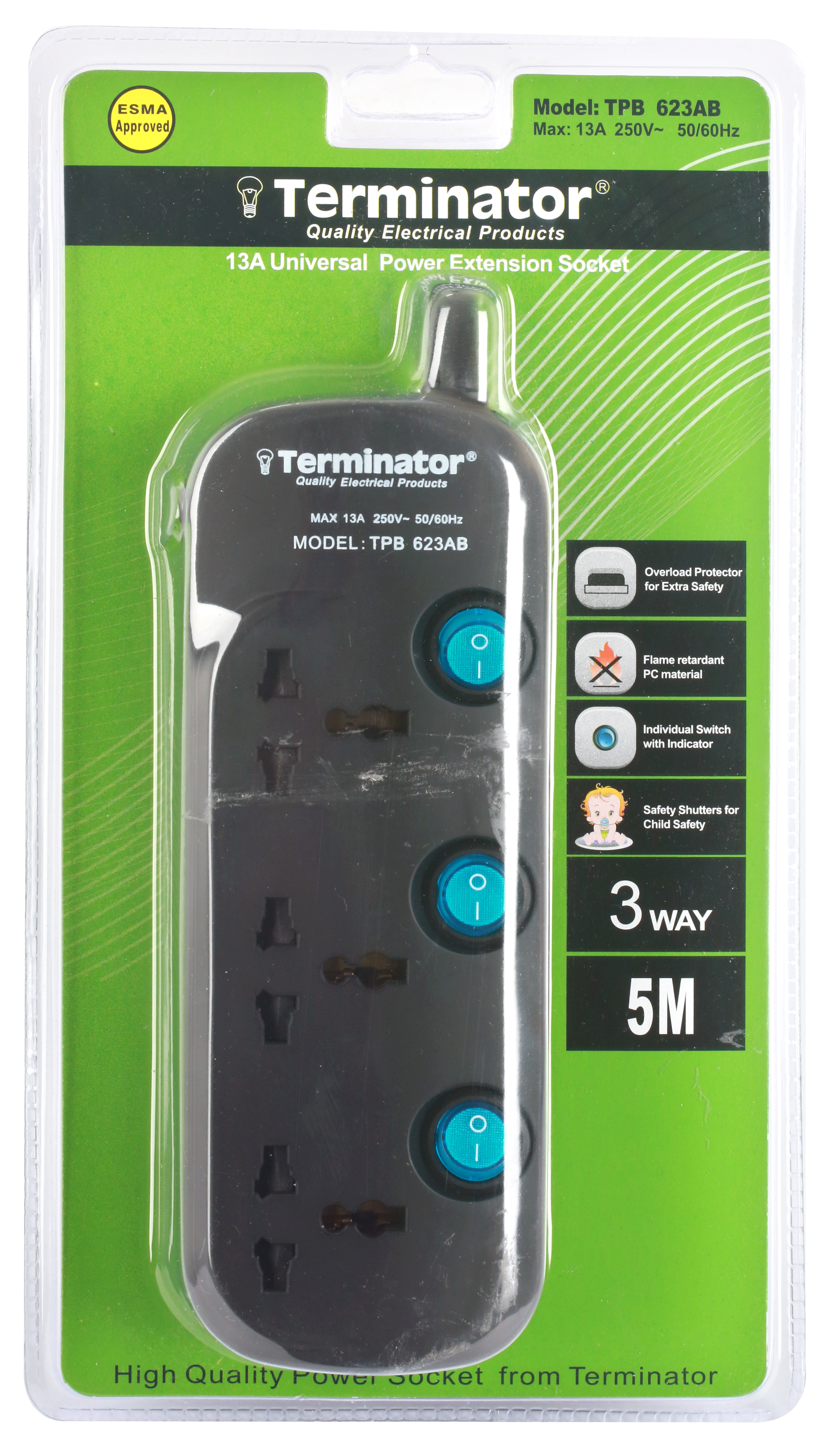 Terminator Brand Universal Power Extension Socket - 3 way 5M