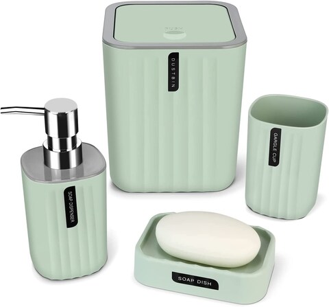 Generic Bathroom Accessory Set - 4 Piece Grey Bathroom Accessories Set With Trash Can, Soap Dish, Soap Dispenser, Toothbrush Cup, Bathroom Decor Sets With Desktop Small Trash Can - Green Stripe