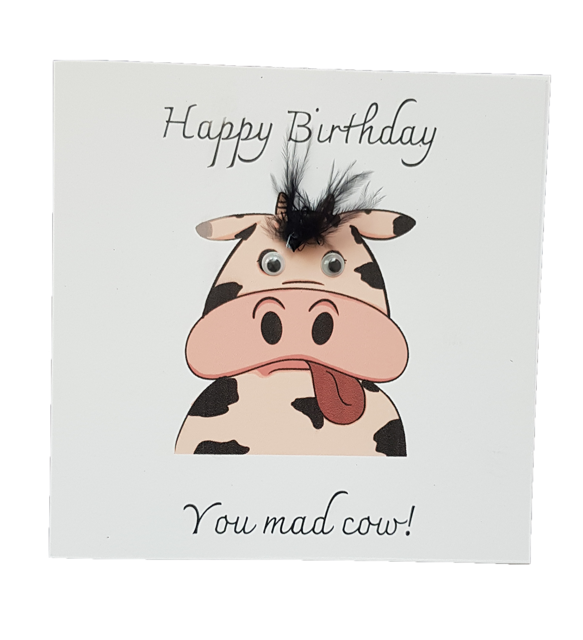 Silly Mad cow Birthday card with a fluffly fringe and googly eyes