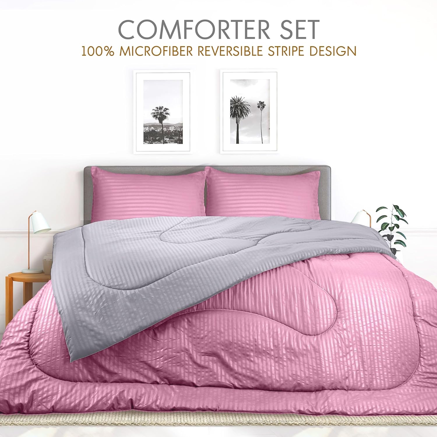 Hotel Linen Klub Reversible Down Alternative Comforter Set, Ultra Soft Brushed Stripe Microfiber Fabric, 200GSM Soft Fibersheet Filling, Size: Double 220 x 240cm, Pink &amp; Light Grey