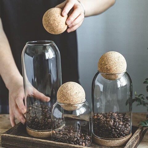 3 x Glass Storage Jars, Borosilicate Glass Jar, Spice Jars with Cork Stopper, for Spices, Sugar, Coffee, Biscuits, Sweets