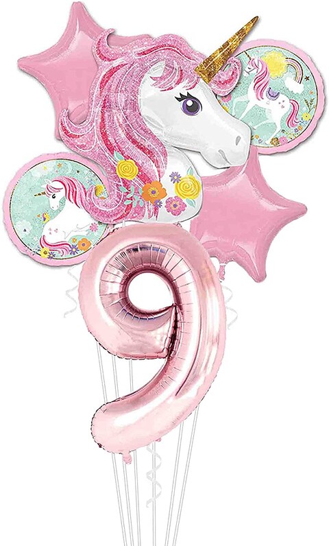 Party Time Pink Unicorn 9th Birthday Balloon Decorations, Foil Balloon Set Pack of 6 - Number 9 Rose Gold Number Foil Balloon 40&quot; Unicorn Theme 9th Birthday Decoration Supplies