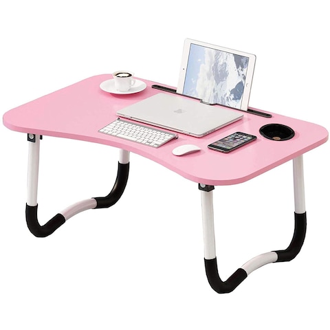 LINGWEI Foldable Laptop Table Bed Table Bed Tray  Laptop Desk Reading Table Stand Portable Lap Desk Notebook Stand Laptop Stand with Ipad and Cup Holder Pink