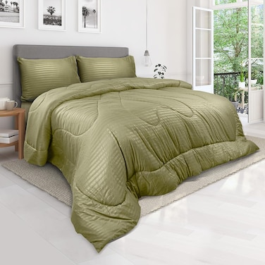 Hotel Linen Klub Down Alternative Comforter Set -Ultra Soft Brushed Stripe Microfiber Fabric, 200GSM Soft Fibersheet Filling, Size: Single 160 x 200cm, Color: Olive