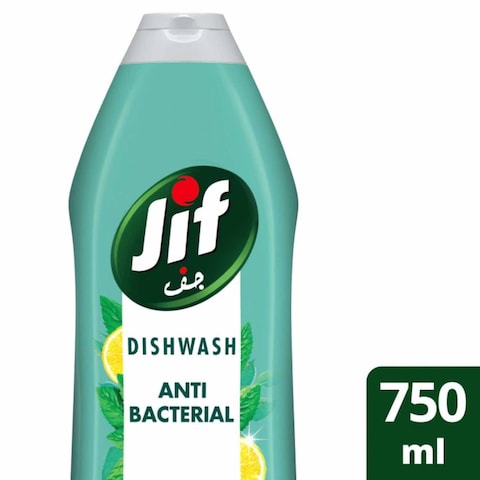 Jif Antibacterial Dishwashing liquid for 100% Grease Removal, Mint &amp; Lemon, Double Foam Power, 750ml