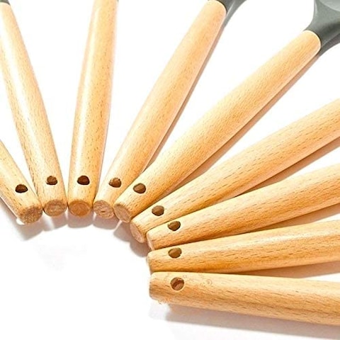 Generic 11 Pieces Natural Wooden Handles Tools Silicone Cooking Utensils Kitchen Tongs Spatula Spoon For Nonstick Cookware Best (Bpa Free, Non Toxic) Utensil Set Turner