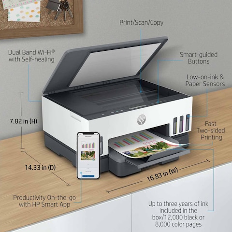 HP Smart Tank 720 Printer Wireless Print Scan Copy Auto Duplex Print up to 18000 black or 8000 color pages [6UU46A]