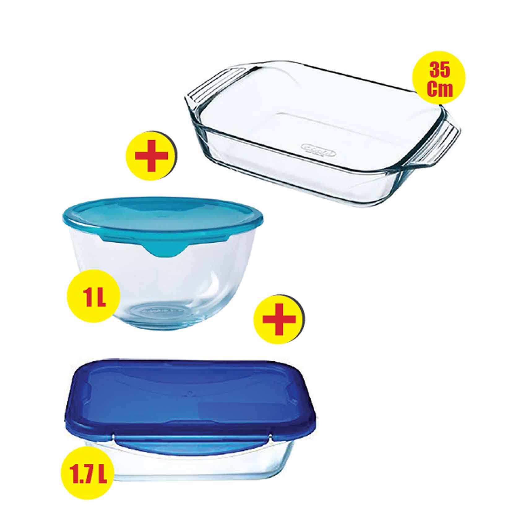 Pyrex Glass Set Dish 35 Cm + Food Saver 1.7 Liter + Bowl 1 Liter