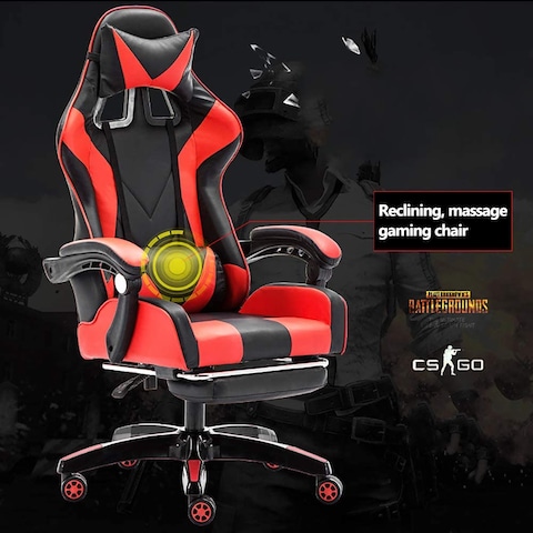 Adjustable PU Leather Gaming Chair - PC Computer Chair for Gaming, Office or Students, Ergonomic Back Lumbar Support with Footrest (C-Black and Red)