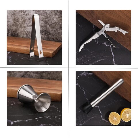9pcs/Set Cotail Shaker Stainless Steel Bartender Tool Mixer with Stylish Bamboo Stand, Home Bartending Kit and Martini Cotail Shaker Set