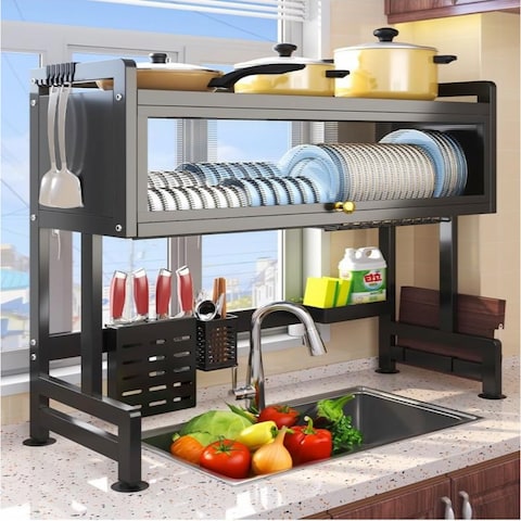 HEXAR&reg; Heavy Duty Over The Sink Dish Drying Stand 3 Tier Large Dish Rack Over The Counter Dish Drying Rack for Kitchen Sink Shelf with Door Dish Organizer with Dust-Proof Cabinet (3 TIER with SHELF)