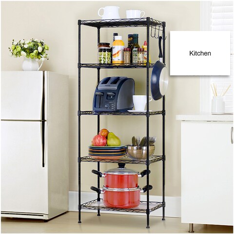 Decdeal - Home Organizer 5 Tier Wire Shelves Heavy Duty Height Adjustable Storage Wire Shelf Shelving Rack Microwave Stand with 4 Side Hooks Leveling Feet