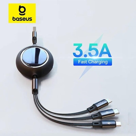 Baseus Multi Charging Cable 3.5A (1.1m) 3 in 1 Retractable Multi USB Cable Fast Charger Cord Adapter with iP/Type C/Micro USB Port for Cell Phones/iPhone/Samsung Galaxy/Ps/Tablets and More Black