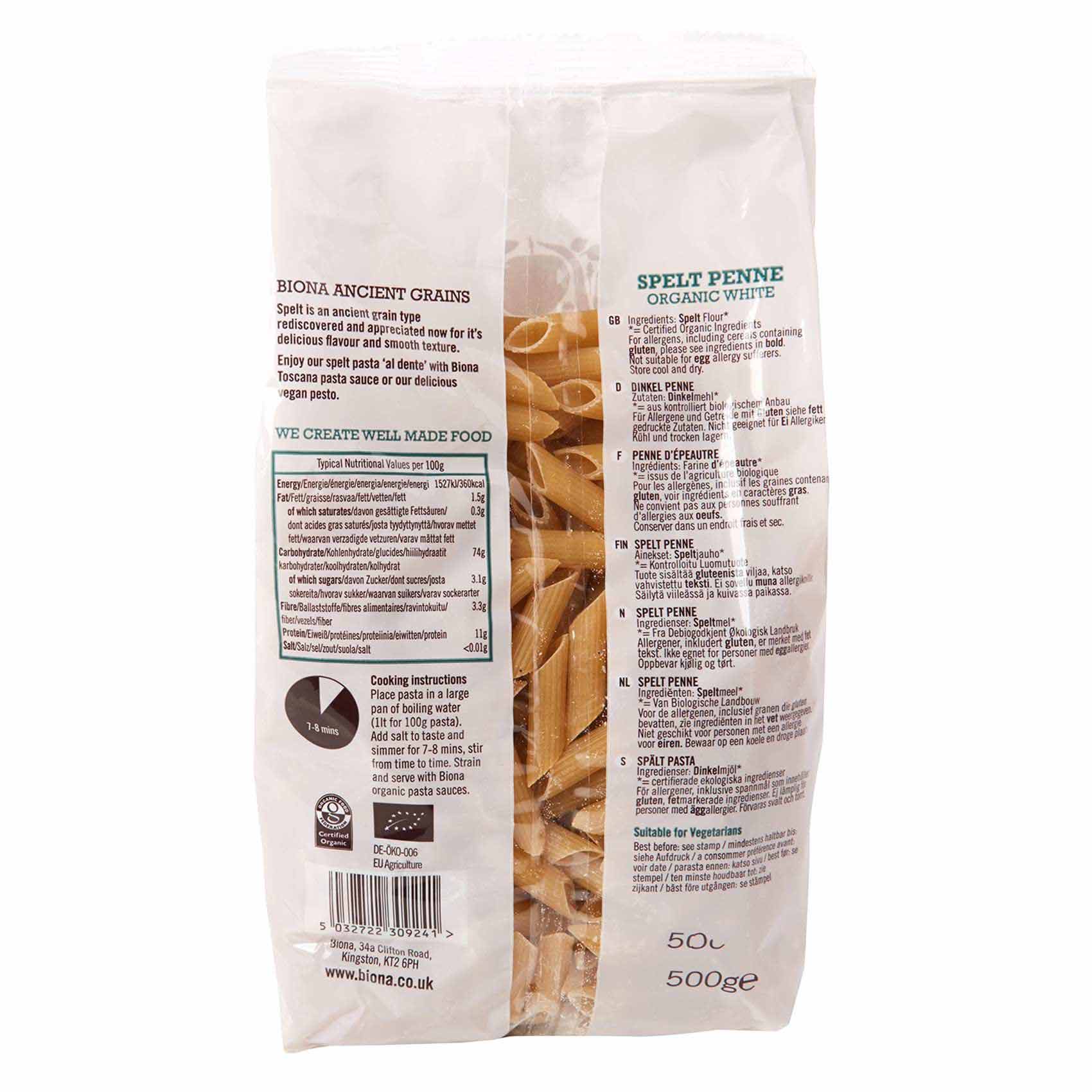 Biona Organic White Spelt Penne Pasta 500g