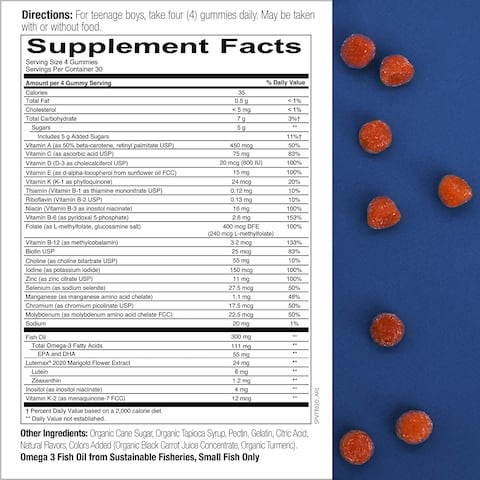 Smartypants Teen Guy Complete Daily Gummy Vitamins: Multivitamin, Gluten Free, Vitamin D3, Lutein/Zeaxanthin For Eyes*, Omega 3 Fish Oil (Dha/Epa), Folate (Methylfolate), 120 Count (30 Day Supply)