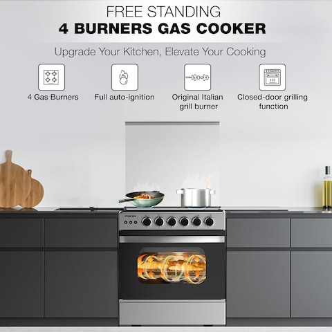 Nikai Freestanding Gas Cooker, 4 Burner, 60X60cm, Auto Ignition, Double Glass Oven Door for Close Door Grilling with Turnspit, Glass Lid &amp; Oven Lamp, Stainless Steel Finish, U6068FSE1, Silver