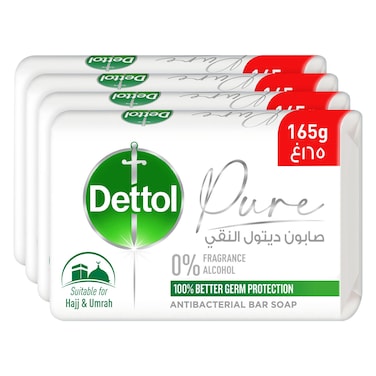 Dettol Pure Anti-Bacterial Bathing Soap Bar, 0% Fragrance &amp; 0% Alcohol, Suitable for Hajj &amp; Umrah, 100% Better Germ Protection, 165 g (Pack of 4)