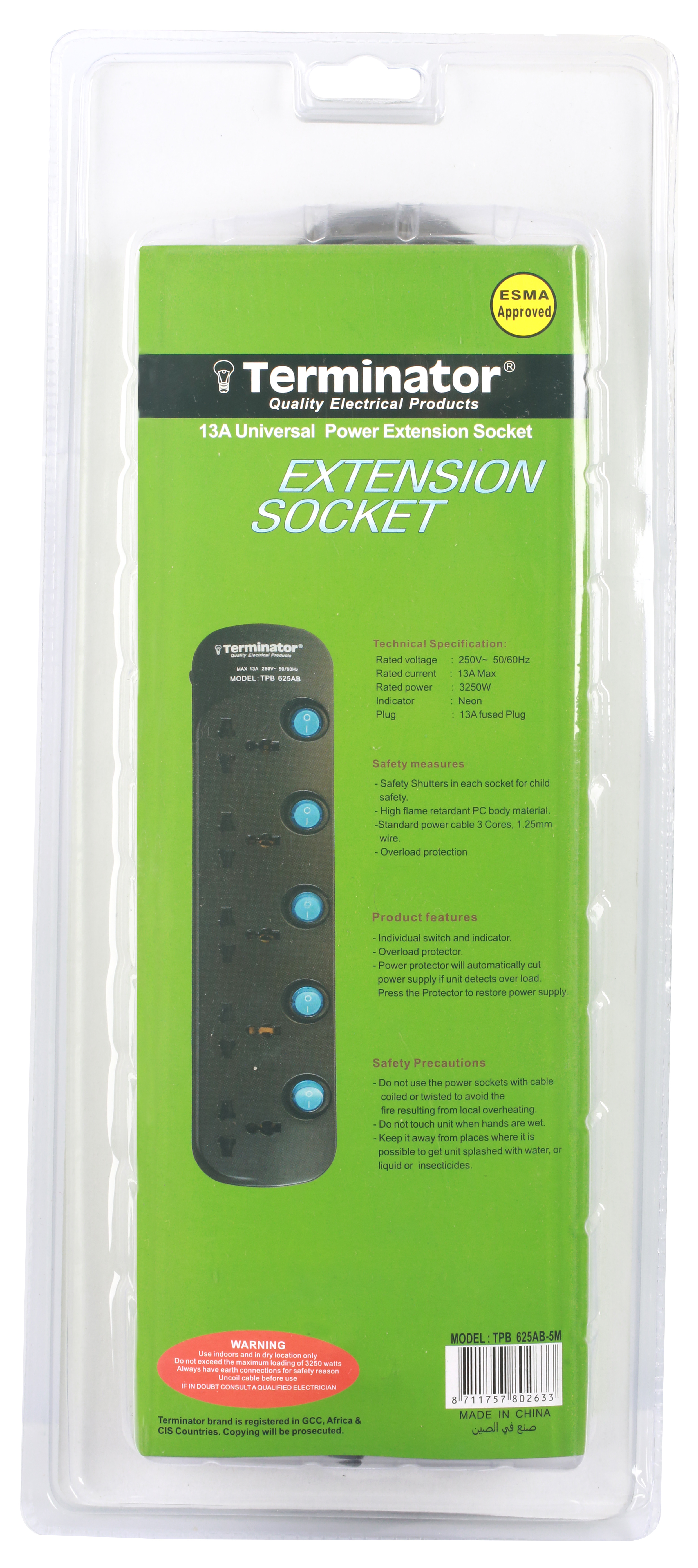 Terminator Brand Universal Power Extension Socket - 5 way 5M