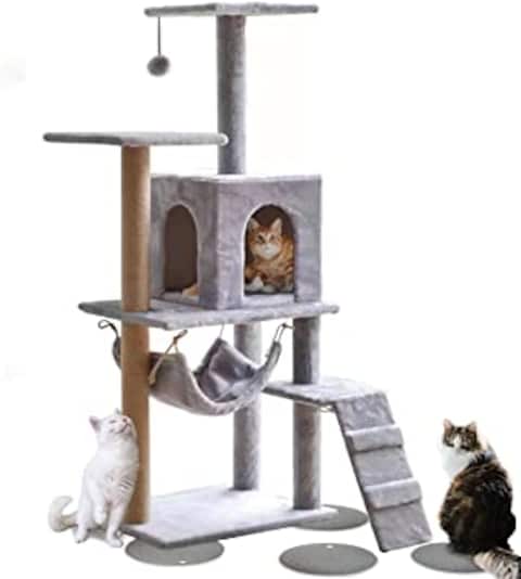 Buy Cat Tree cat Tower Cat Condo cat tree House Cat Scratcher 130cm Wood Rattan Pet Supplies with a Largeer cat Basket Cat Bed a Roomy Condo Easy to Assemgbly (grey) in UAE