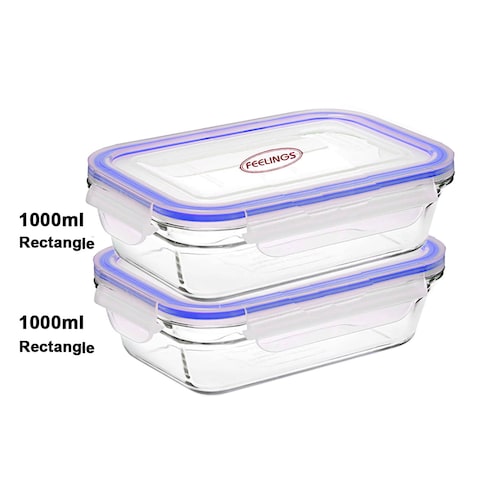 Buy Feelings Glass Rectangular Storage Container Clear/Purple 1L 2 PCS in UAE