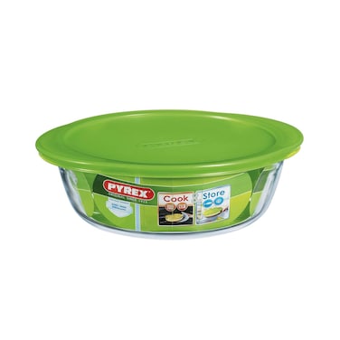 بايركس علبة ثلاجة دائرية زجاج بغطاء - 1.1 لتر - أخضر