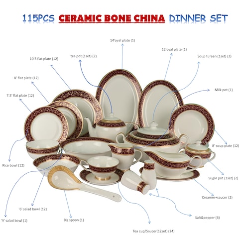XIANGYU Dinner Set Porcelain Gold, 115pcs tea set. New Ceramic Bone China, The rich and colorful designs with real 24K gold.