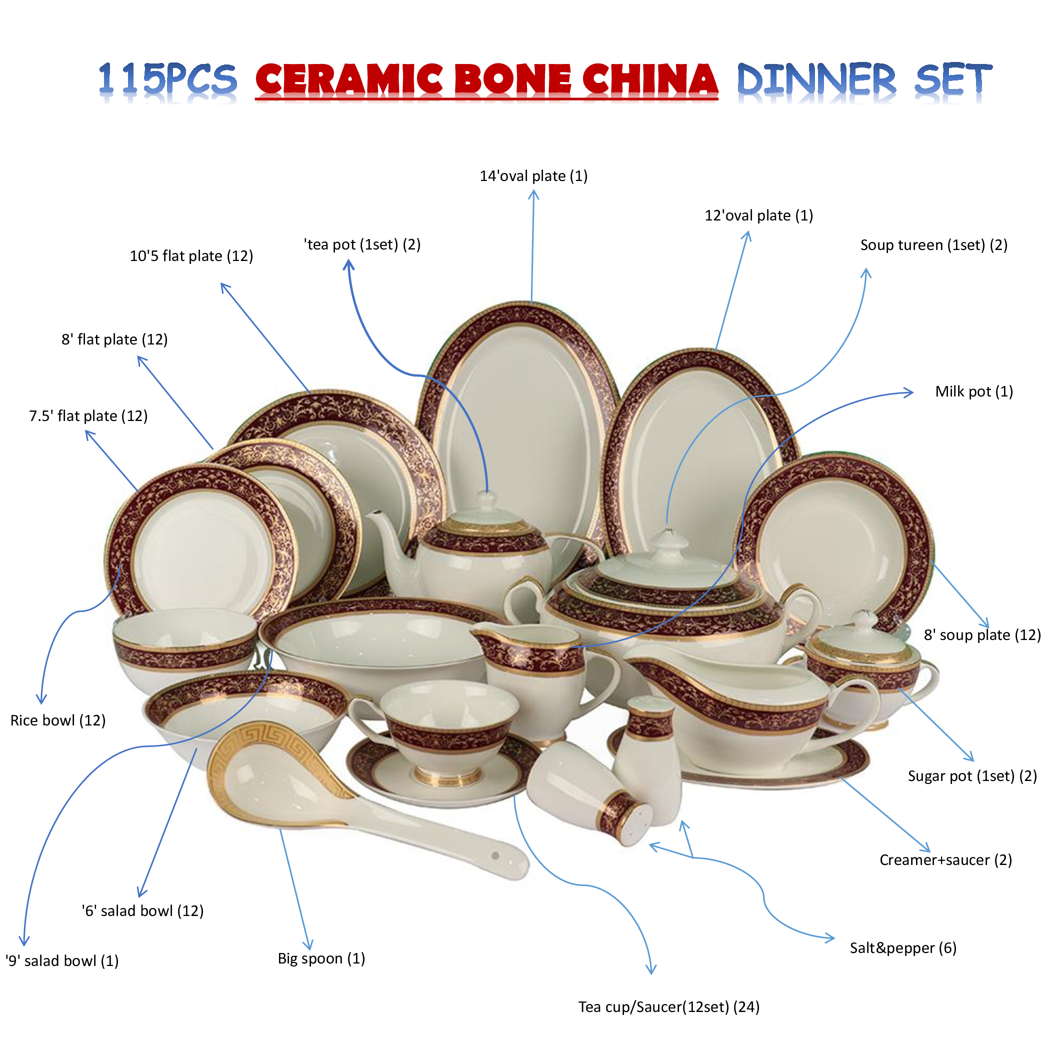 XIANGYU Dinner Set Porcelain Gold, 115pcs tea set. New Ceramic Bone China, The rich and colorful designs with real 24K gold.