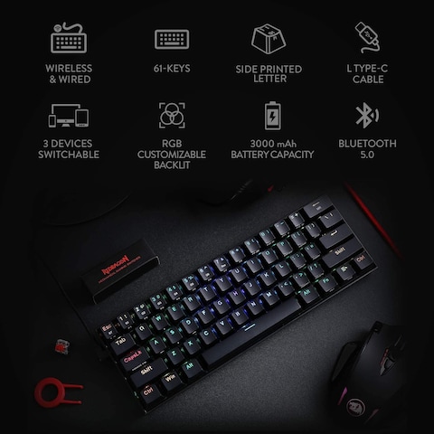 Redragon K530 Draconic 60% Compact RGB Wireless Mechanical Keyboard, 61 Keys TKL Designed 5.0 Bluetooth Gaming Keyboard With Brown Switches And 16.8 Million RGB Lighting For PC, Laptop, Cell Phone