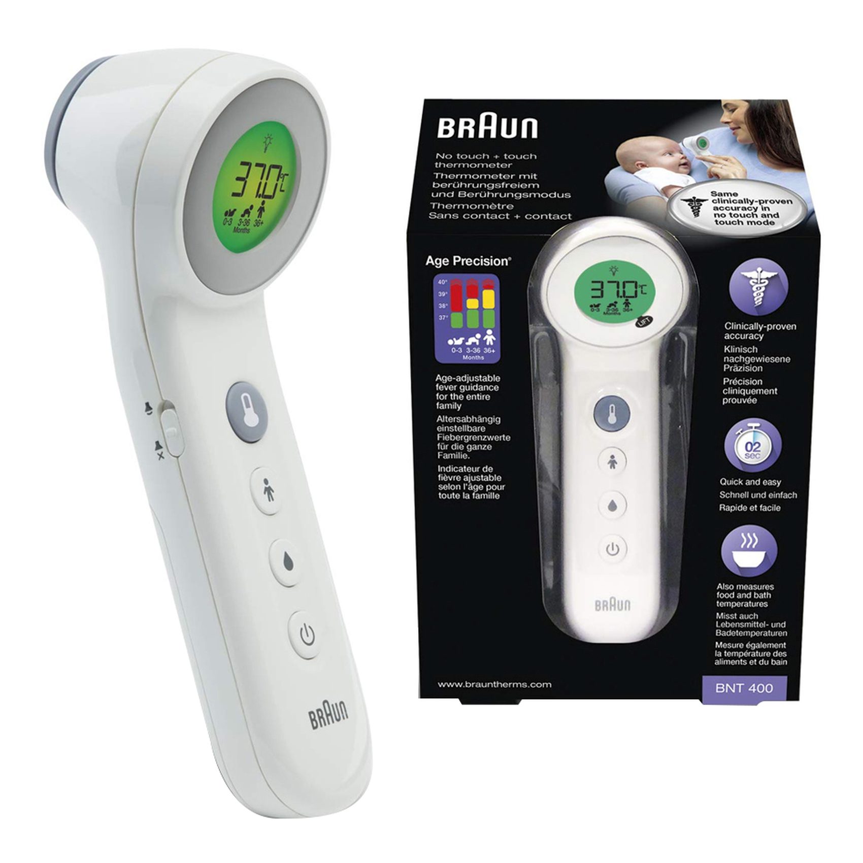 Braun 3 in 1 Forehead Food or Bath No Touch Thermometer BNT400 White