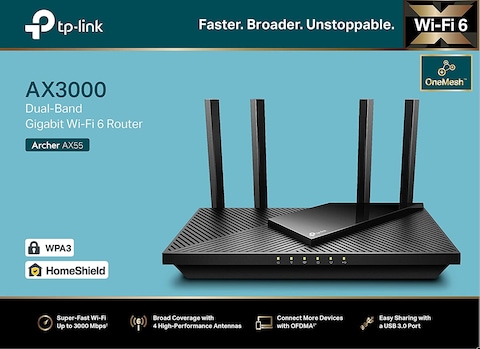 Tp-Link Next-Gen Wi-Fi 6 Ax3000 Mbps Gigabit Dual Band Wireless Router, Onemesh Supported, 1&times; USB 3.0 Port, Ideal For Gaming Xbox/PS4/Steam And 8K, Compatible With Alexa (Archer Ax55)