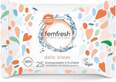 Femfresh Daily Wipes - Biodegradable &amp; Flushable, Pack Of 25 Wipes (Packaging May Vary)
