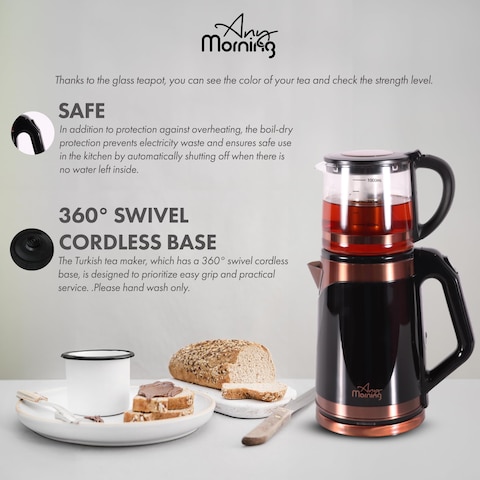 Any Morning Turkish Electric Tea Maker with Auto Shut Off and Boil Dry Protection, Cordless Kettle with Teapot Set and Detachable Filter, 360 Swivel Base, 2 L, 68 oz, 1500W