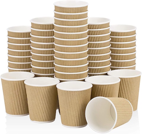 Markq [50 Cups] 8 oz. Brown Disposable Ripple Insulated Coffee Cups - Hot Beverage Corrugated Paper Cups